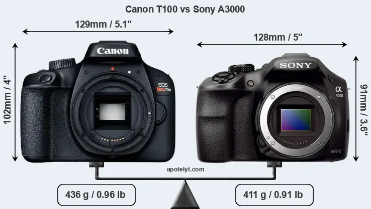 Size Canon T100 vs Sony A3000