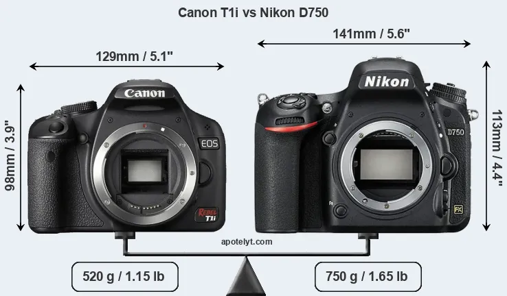 Size Canon T1i vs Nikon D750