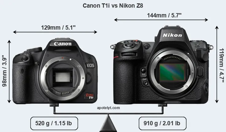 Size Canon T1i vs Nikon Z8