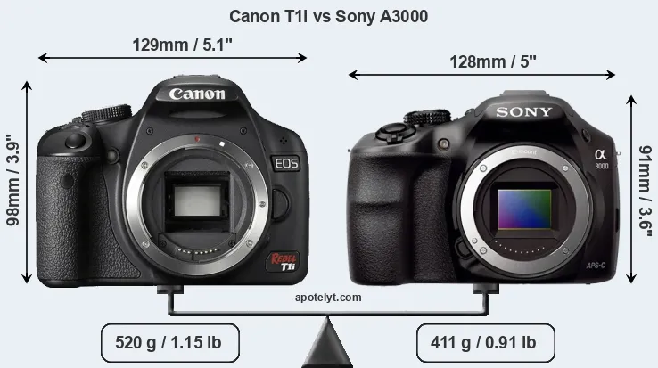 Size Canon T1i vs Sony A3000