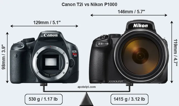Size Canon T2i vs Nikon P1000
