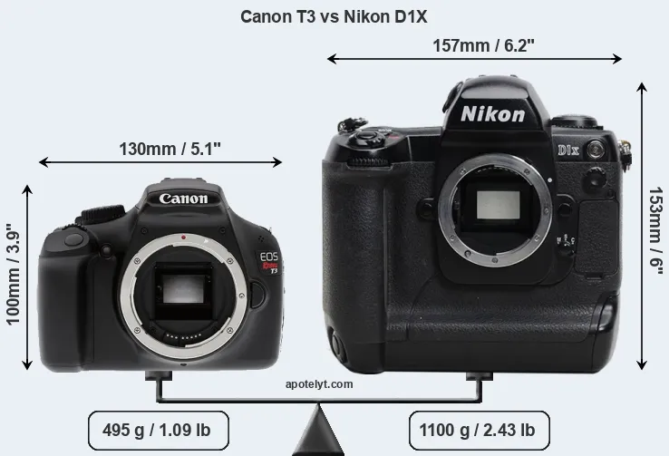 Size Canon T3 vs Nikon D1X