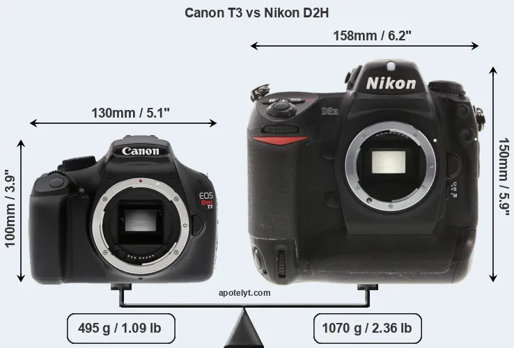 Size Canon T3 vs Nikon D2H