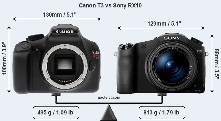 Size Canon T3 vs Sony RX10