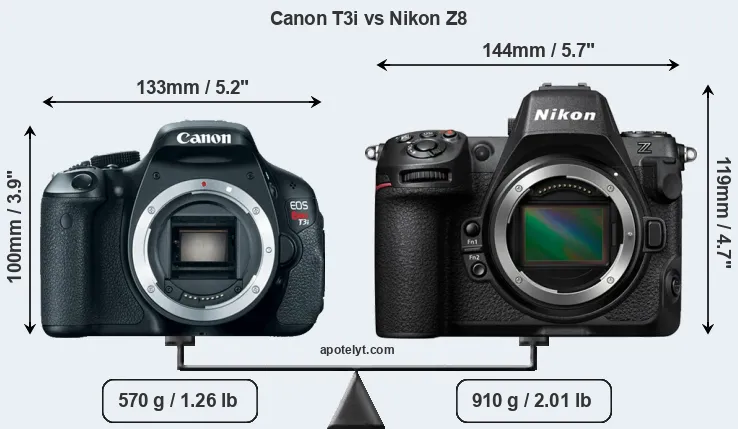 Size Canon T3i vs Nikon Z8