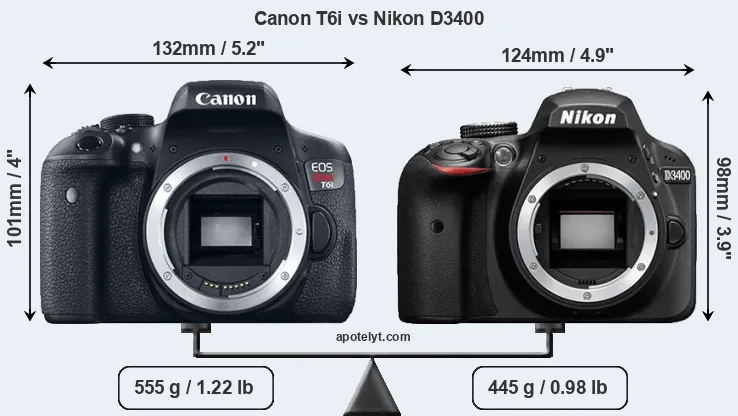 Size Canon T6i vs Nikon D3400