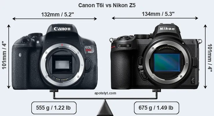 Size Canon T6i vs Nikon Z5