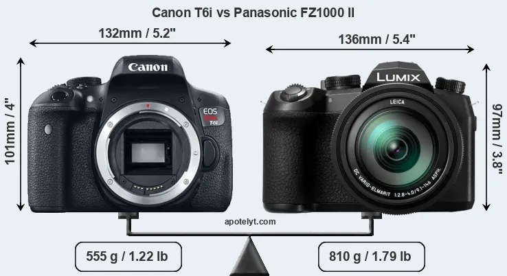 Size Canon T6i vs Panasonic FZ1000 II