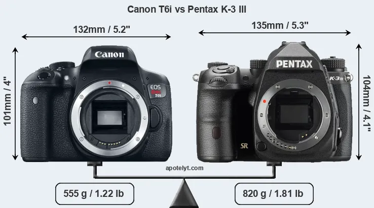 Size Canon T6i vs Pentax K-3 III