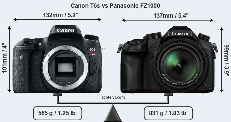 Size Canon T6s vs Panasonic FZ1000