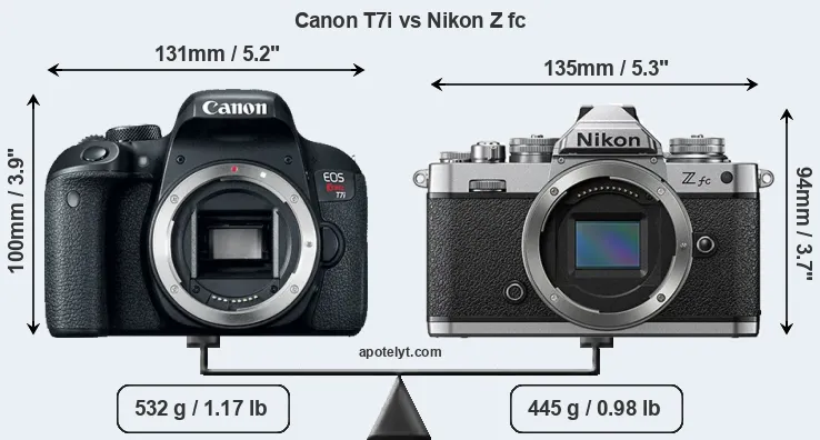 Size Canon T7i vs Nikon Z fc