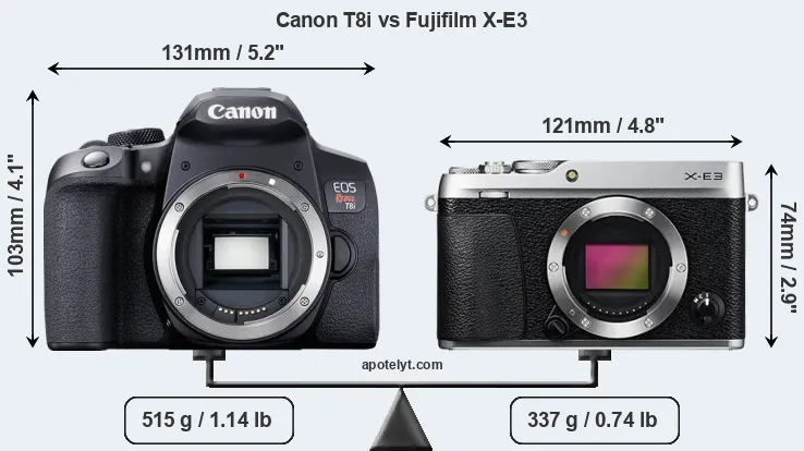 Size Canon T8i vs Fujifilm X-E3