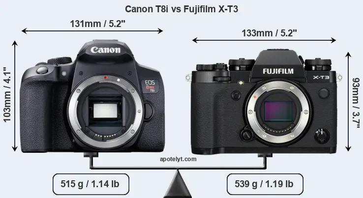 Size Canon T8i vs Fujifilm X-T3