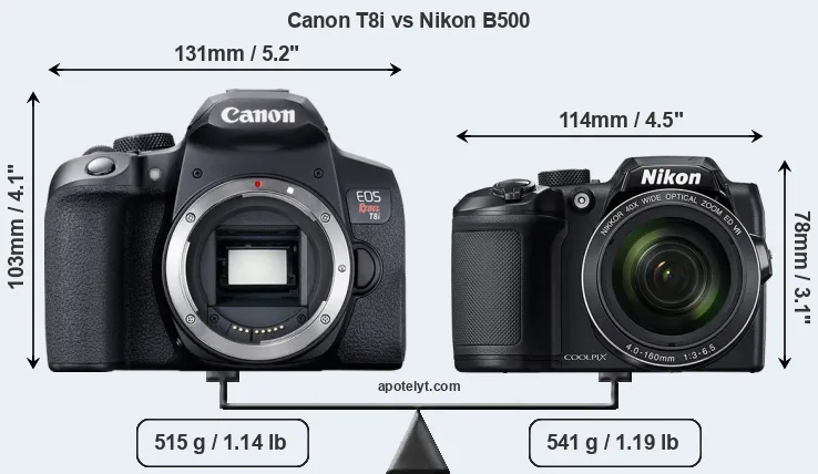 Size Canon T8i vs Nikon B500