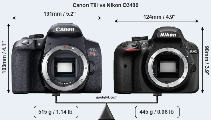 Size Canon T8i vs Nikon D3400