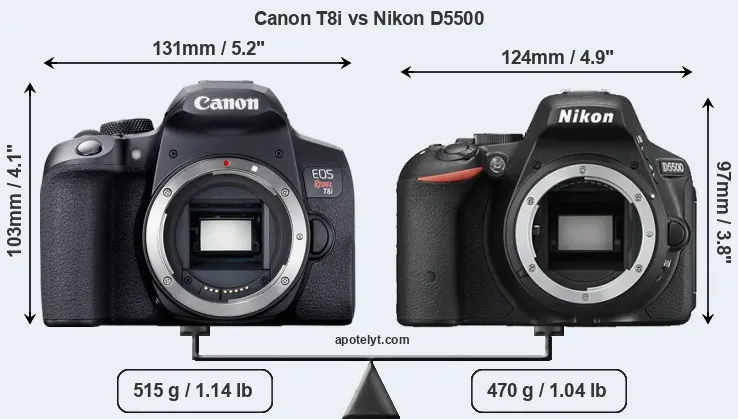 Size Canon T8i vs Nikon D5500