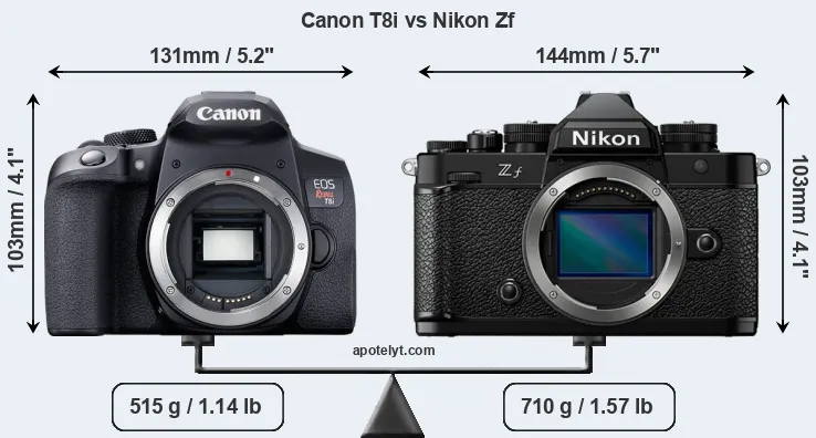 Size Canon T8i vs Nikon Zf