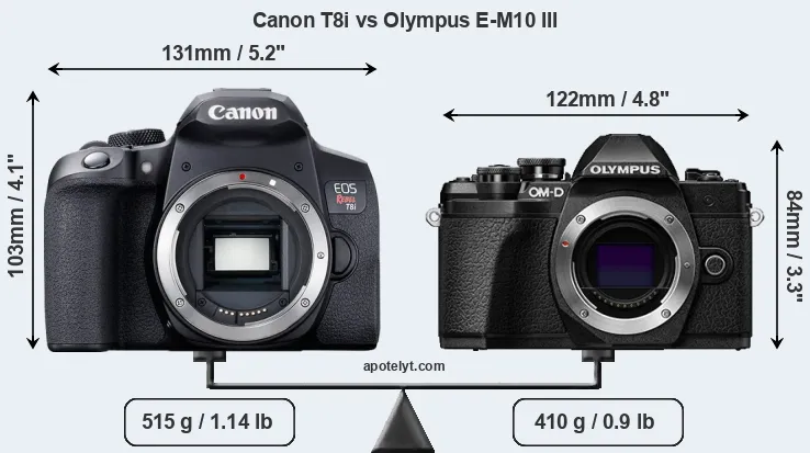 Size Canon T8i vs Olympus E-M10 III