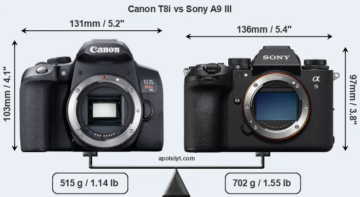 Size Canon T8i vs Sony A9 III