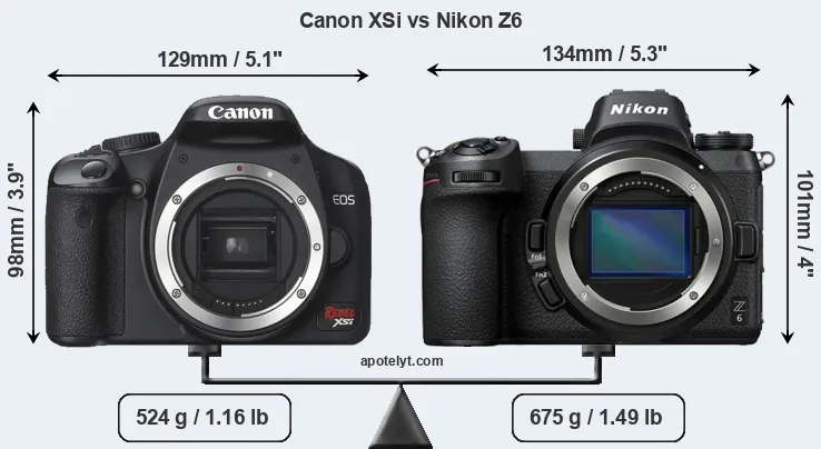 Size Canon XSi vs Nikon Z6
