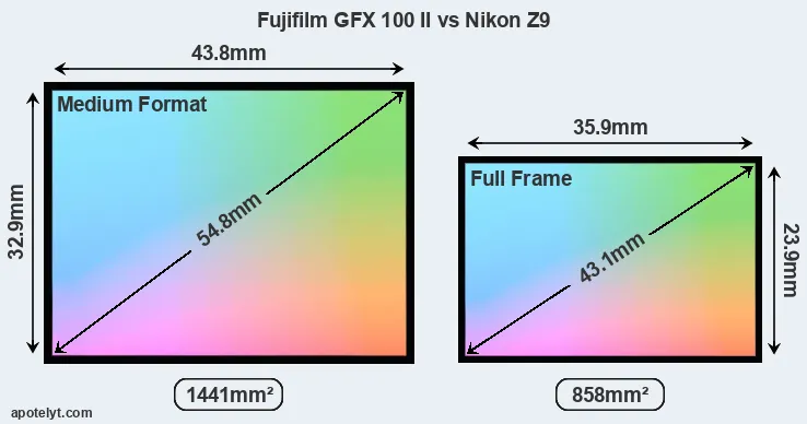 Fujifilm GFX 100 II and Nikon Z9 sensor measures