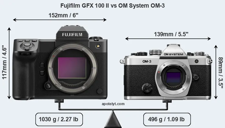 Size Fujifilm GFX 100 II vs OM System OM-3