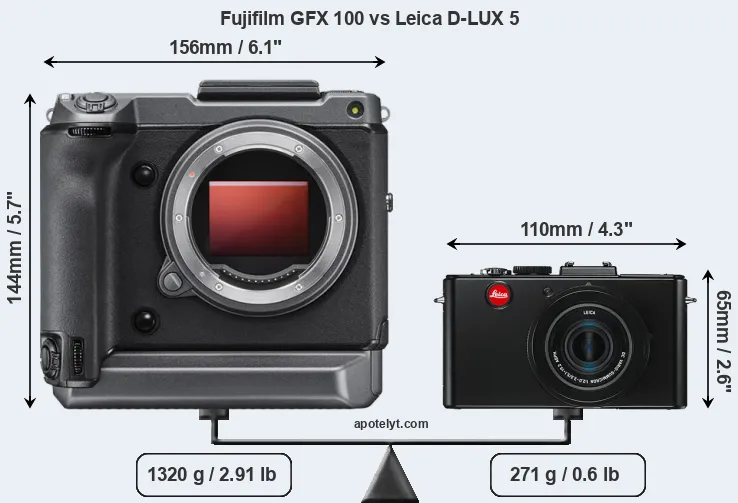 Size Fujifilm GFX 100 vs Leica D-LUX 5