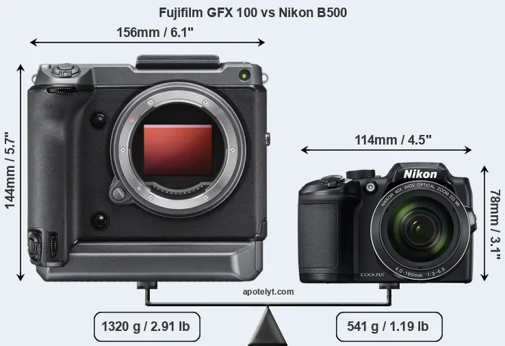 Size Fujifilm GFX 100 vs Nikon B500