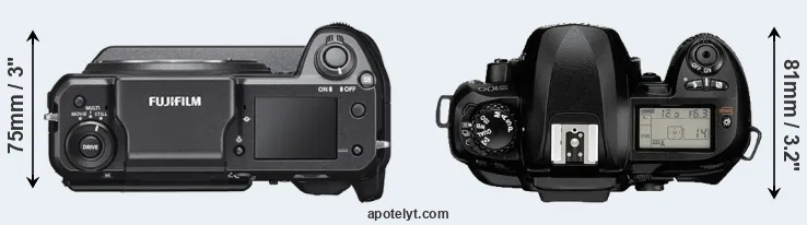 Compare GFX 100 versus D100 top