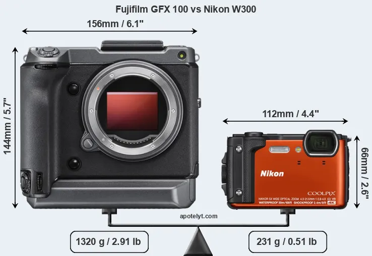 Size Fujifilm GFX 100 vs Nikon W300