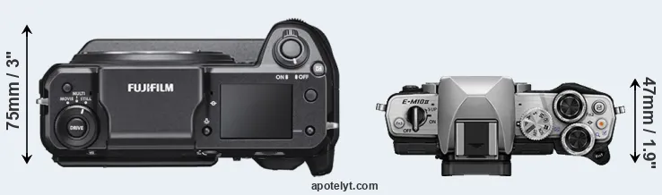 Compare GFX 100 versus E-M10 II top