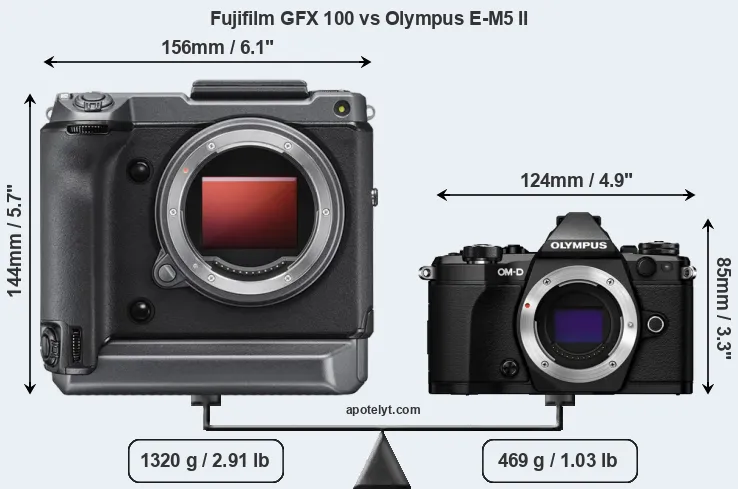 Size Fujifilm GFX 100 vs Olympus E-M5 II