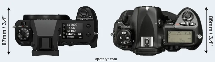 Compare GFX 100S versus D2X top