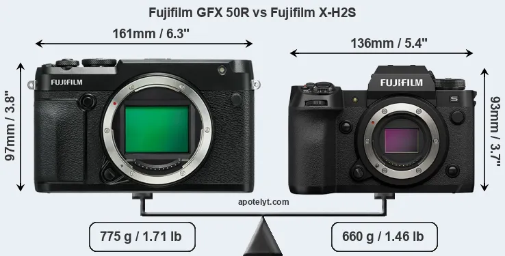 Size Fujifilm GFX 50R vs Fujifilm X-H2S
