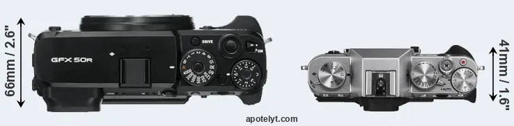 Compare GFX 50R versus X-T10 top