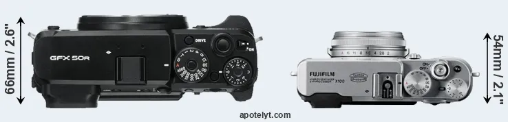 Compare GFX 50R versus X100 top