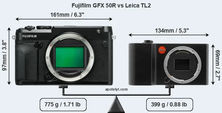 Size Fujifilm GFX 50R vs Leica TL2