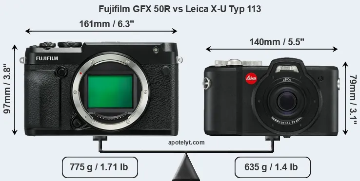 Size Fujifilm GFX 50R vs Leica X-U Typ 113