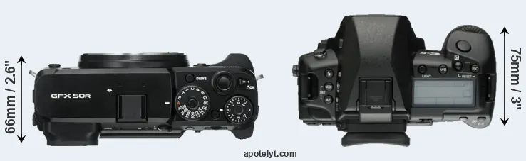 Compare GFX 50R versus E-5 top