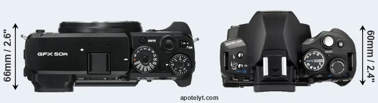 Compare GFX 50R versus E-620 top