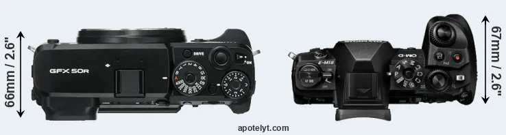 Compare GFX 50R versus E-M1 II top