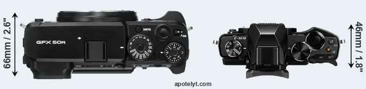 Compare GFX 50R versus E-M10 top