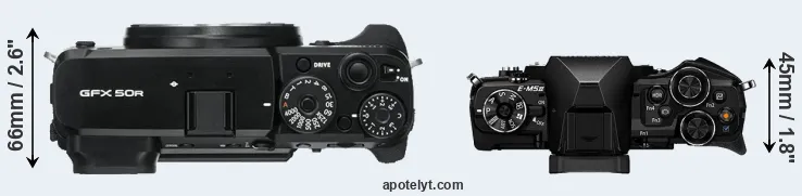 Compare GFX 50R versus E-M5 II top