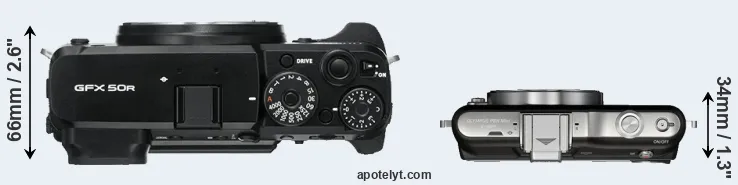 Compare GFX 50R versus E-PM1 top