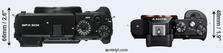 Compare GFX 50R versus A7 top
