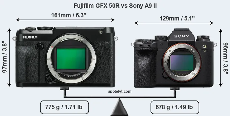 Size Fujifilm GFX 50R vs Sony A9 II