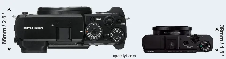 Compare GFX 50R versus RX100 II top