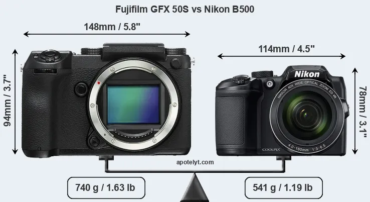 Size Fujifilm GFX 50S vs Nikon B500