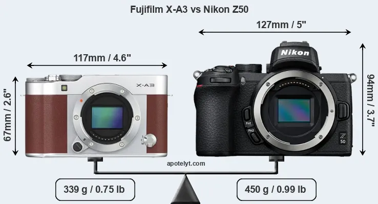 Size Fujifilm X-A3 vs Nikon Z50