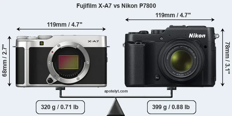 Size Fujifilm X-A7 vs Nikon P7800